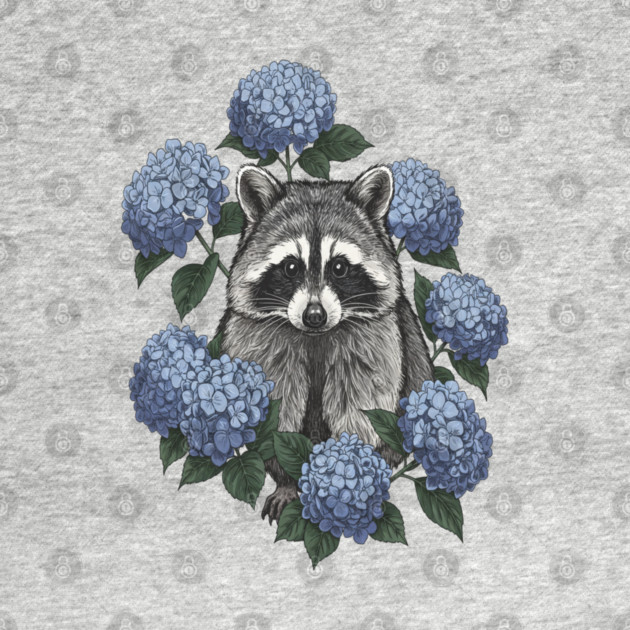 Vintage Raccoon with Blue Hydrangeas by BirdsnStuff