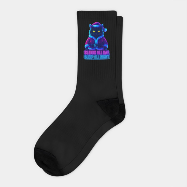 Neon Cyberpunk Street Cat – Sleigh All Day Sleep All Night – Urban Streetwear Glow Socks by Urbanprint