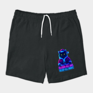 Neon Cyberpunk Street Cat – Sleigh All Day Sleep All Night – Urban Streetwear Glow Shorts