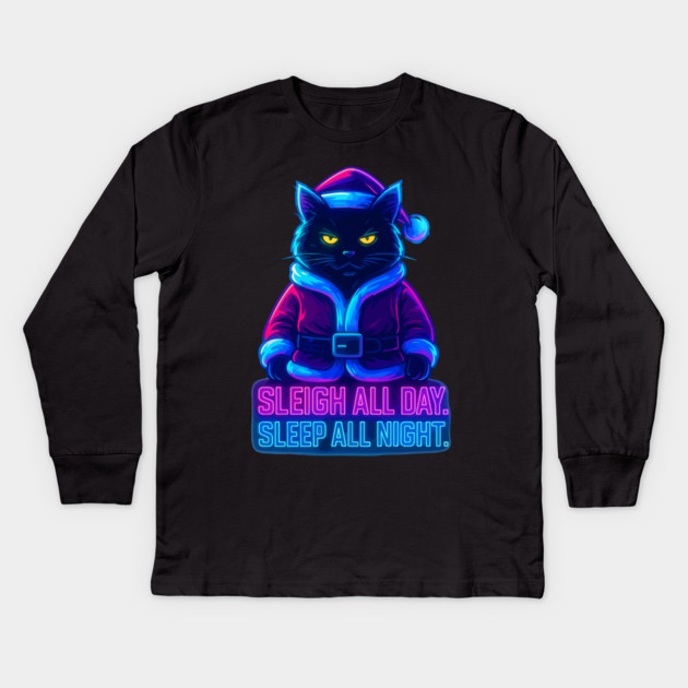 Neon Cyberpunk Street Cat – Sleigh All Day Sleep All Night – Urban Streetwear Glow Kids Long Sleeve T-Shirt by Urbanprint