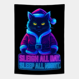 Neon Cyberpunk Street Cat – Sleigh All Day Sleep All Night – Urban Streetwear Glow Tapestry