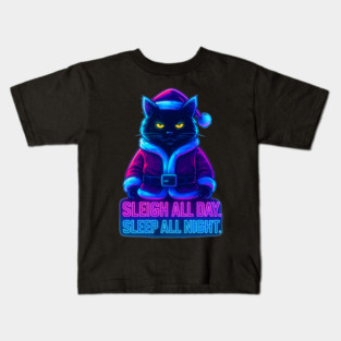 Neon Cyberpunk Street Cat – Sleigh All Day Sleep All Night – Urban Streetwear Glow Kids T-Shirt