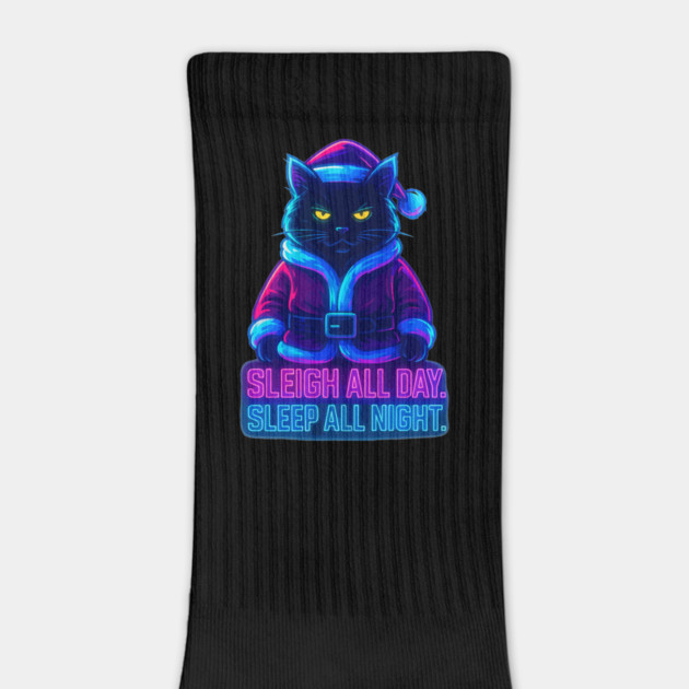 Neon Cyberpunk Street Cat – Sleigh All Day Sleep All Night – Urban Streetwear Glow by Urbanprint