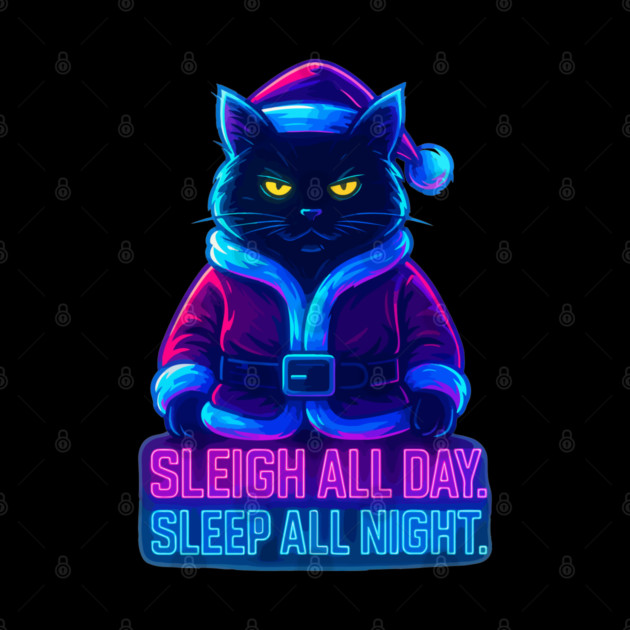 Neon Cyberpunk Street Cat – Sleigh All Day Sleep All Night – Urban Streetwear Glow by Urbanprint