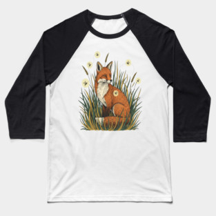 Red Fox in Vintage Summer Firefly Scene Baseball T-Shirt