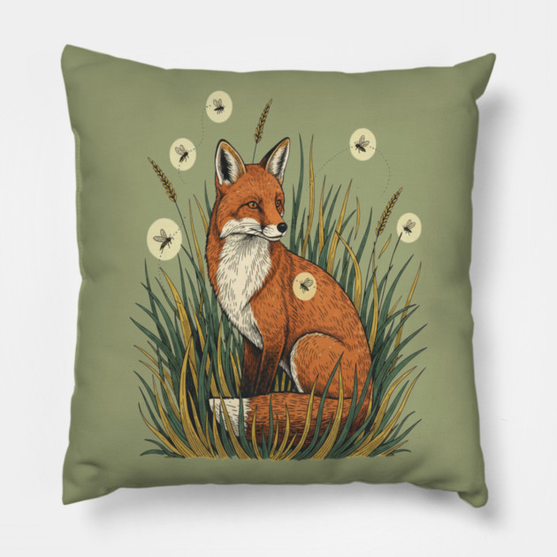 Red Fox in Vintage Summer Firefly Scene Pillow by BirdsnStuff