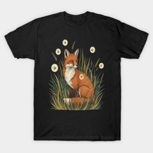 Red Fox in Vintage Summer Firefly Scene T-Shirt