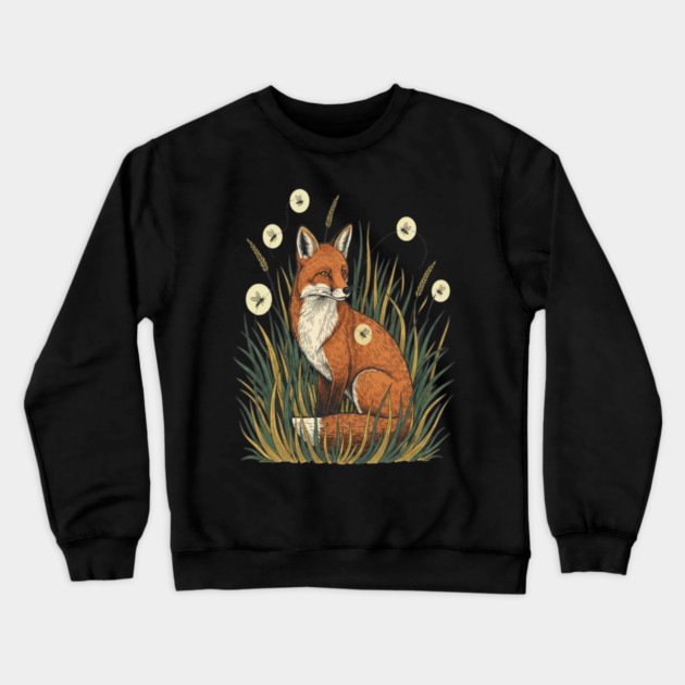Red Fox in Vintage Summer Firefly Scene Crewneck Sweatshirt by BirdsnStuff