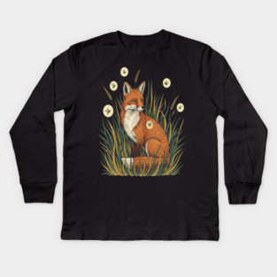 Red Fox in Vintage Summer Firefly Scene Kids Long Sleeve T-Shirt