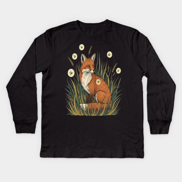 Red Fox in Vintage Summer Firefly Scene Kids Long Sleeve T-Shirt by BirdsnStuff