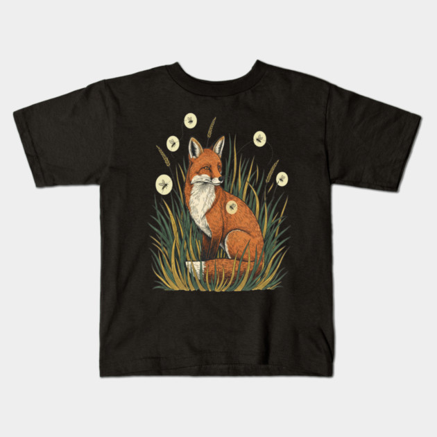 Red Fox in Vintage Summer Firefly Scene Kids T-Shirt by BirdsnStuff