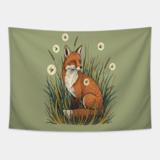 Red Fox in Vintage Summer Firefly Scene Tapestry