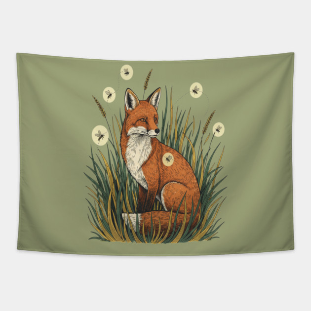 Red Fox in Vintage Summer Firefly Scene Tapestry by BirdsnStuff
