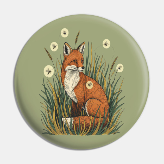 Red Fox in Vintage Summer Firefly Scene Pin by BirdsnStuff