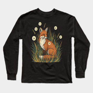 Red Fox in Vintage Summer Firefly Scene Long Sleeve T-Shirt