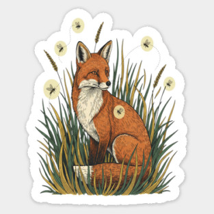 Red Fox in Vintage Summer Firefly Scene Sticker