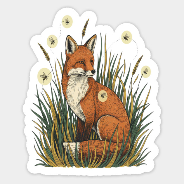 Red Fox in Vintage Summer Firefly Scene Magnet by BirdsnStuff