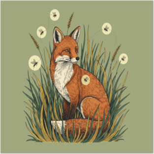 Red Fox in Vintage Summer Firefly Scene Posters and Art