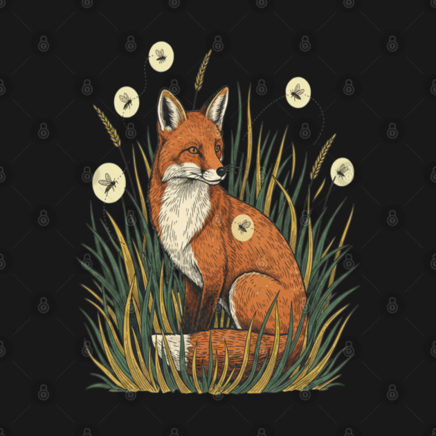 Red Fox in Vintage Summer Firefly Scene by BirdsnStuff