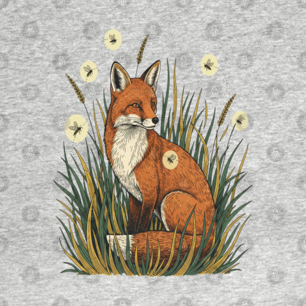 Red Fox in Vintage Summer Firefly Scene by BirdsnStuff
