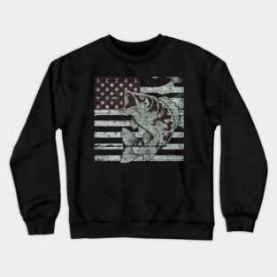 Fishing Camouflage US American Flag Bass Fish Design Crewneck Sweatshirt
