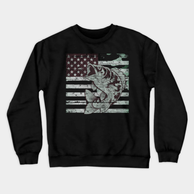 Fishing Camouflage US American Flag Bass Fish Design Crewneck Sweatshirt by Pixel Threads 