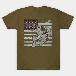 Fishing Camouflage US American Flag Bass Fish Design T-Shirt