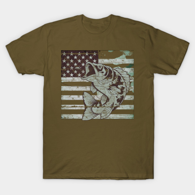 Fishing Camouflage US American Flag Bass Fish Design T-Shirt by Pixel Threads 