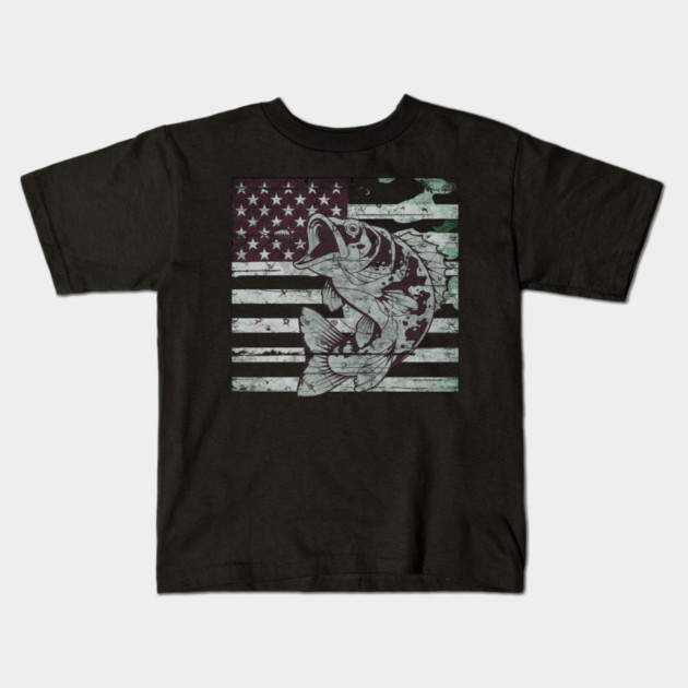 Fishing Camouflage US American Flag Bass Fish Design Kids T-Shirt by Pixel Threads 