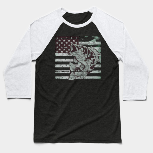 Fishing Camouflage US American Flag Bass Fish Design Baseball T-Shirt by Pixel Threads 