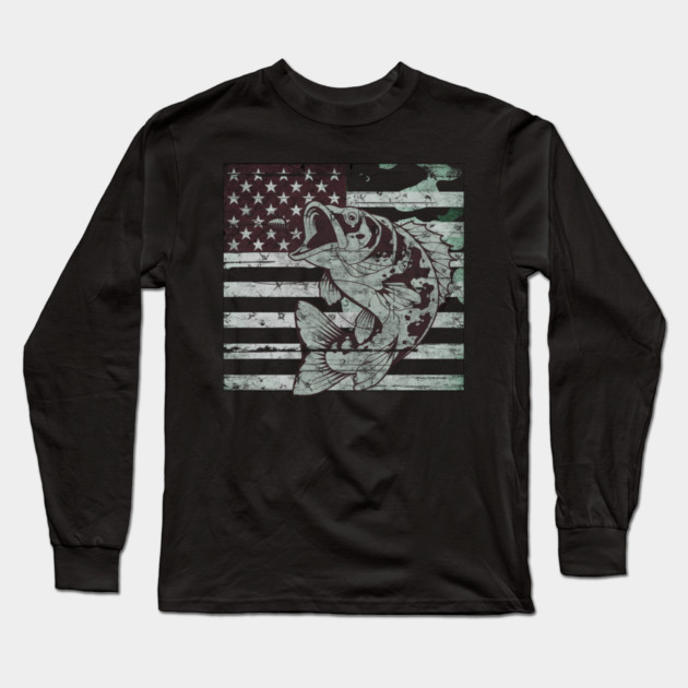 Fishing Camouflage US American Flag Bass Fish Design Long Sleeve T-Shirt by Pixel Threads 