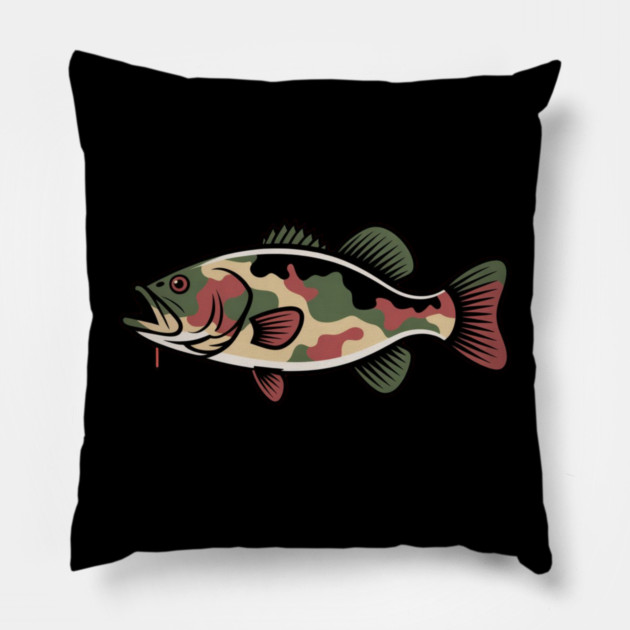 Fishing Camouflage, Bass Fish Design for Fishermen & Patriots – Perfect for Anglers, Boat Fishing Pillow by Pixel Threads 