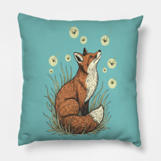 Vintage Red Fox with Floating Fireflies Pillow