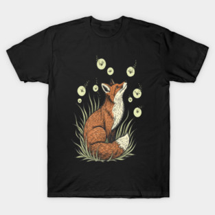 Vintage Red Fox with Floating Fireflies T-Shirt