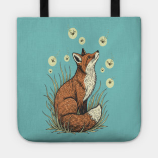 Vintage Red Fox with Floating Fireflies Tote