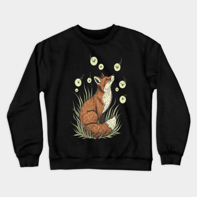 Vintage Red Fox with Floating Fireflies Crewneck Sweatshirt by BirdsnStuff