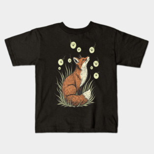 Vintage Red Fox with Floating Fireflies Kids T-Shirt