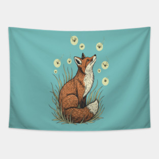 Vintage Red Fox with Floating Fireflies Tapestry