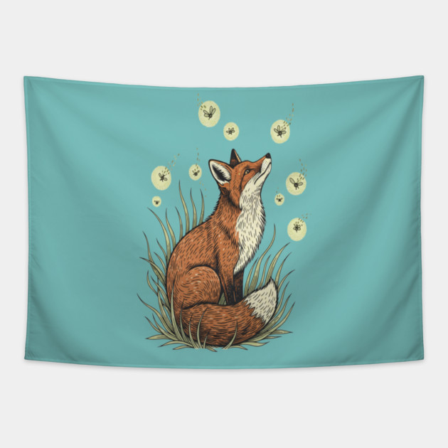 Vintage Red Fox with Floating Fireflies Tapestry by BirdsnStuff