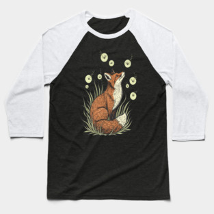 Vintage Red Fox with Floating Fireflies Baseball T-Shirt