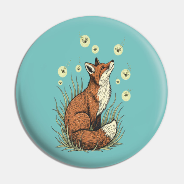 Vintage Red Fox with Floating Fireflies Pin by BirdsnStuff