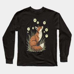 Vintage Red Fox with Floating Fireflies Long Sleeve T-Shirt