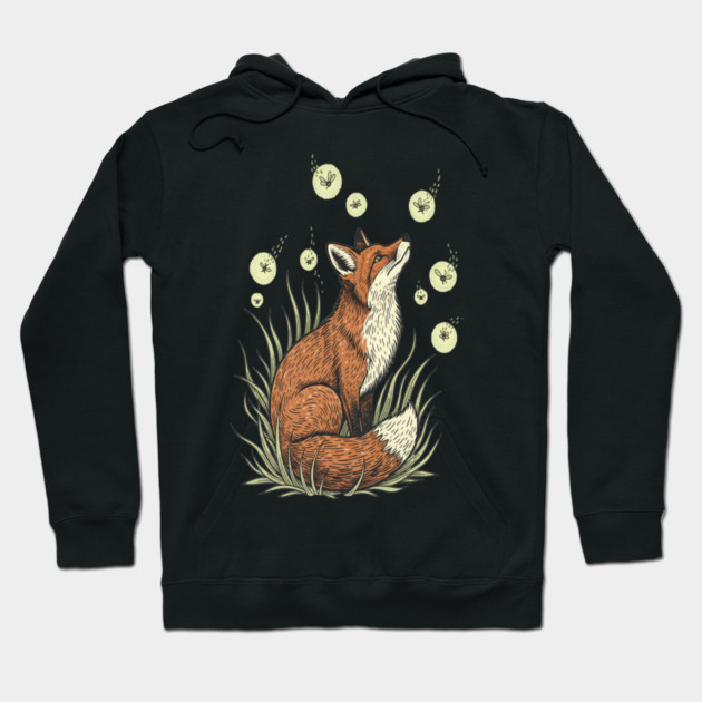 Vintage Red Fox with Floating Fireflies Hoodie by BirdsnStuff