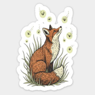 Vintage Red Fox with Floating Fireflies Sticker