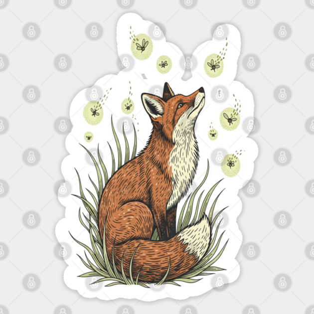 Vintage Red Fox with Floating Fireflies Sticker by BirdsnStuff