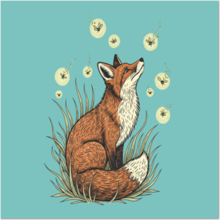 Vintage Red Fox with Floating Fireflies Posters and Art
