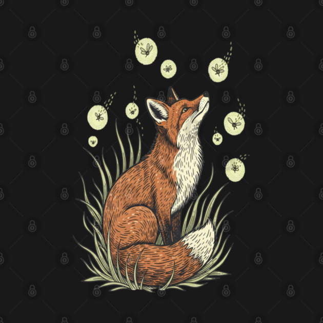 Vintage Red Fox with Floating Fireflies by BirdsnStuff