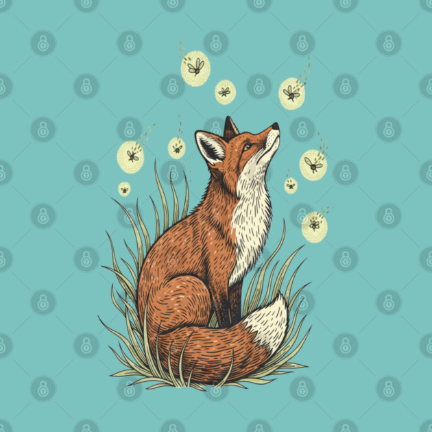Vintage Red Fox with Floating Fireflies by BirdsnStuff