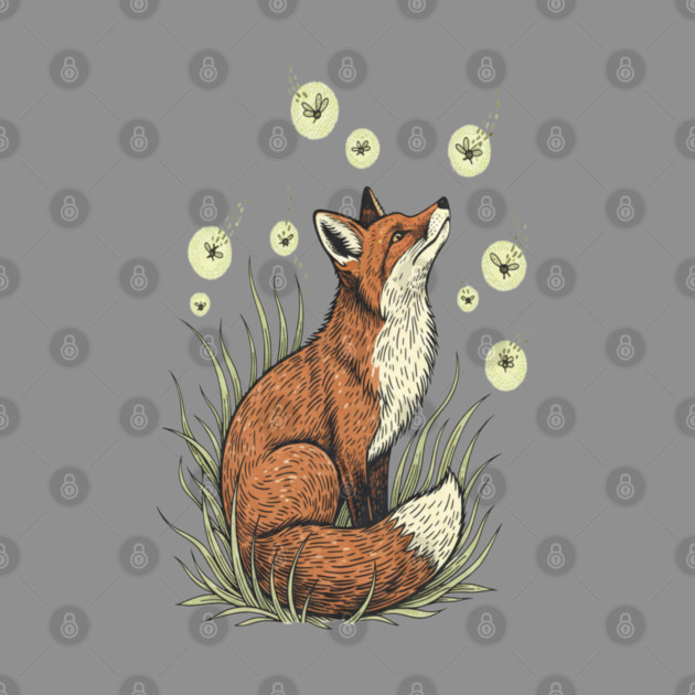 Vintage Red Fox with Floating Fireflies by BirdsnStuff
