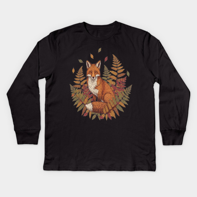 Vintage Red Fox with Autumn Kids Long Sleeve T-Shirt by BirdsnStuff